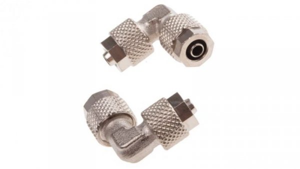 Adapter gwintowany typu kolanko rura – rura, Wciskane 6 mm, Wciskane 6 mm, Żeńskie, Żeńskie, 15 barów