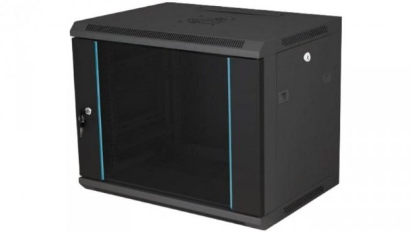 Szafka rack wisząca 19 9U 600x450, drzwi szklane, kolor czarny FLAT PACK