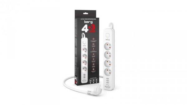 Urządz. zas.-zabezpiecz. KERG z wyłącznikiem-4 gniazda-3USB-biało-szary-3m-16A-H05VV-F-3x1,5mm2