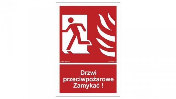 ZNAK - BB011 Drzwi przeciwpożarowe Zamykać! Kierunek drogi ewakuacyjnej w lewo 35 x 51,8 cm PS - Płyta 1mm foto.