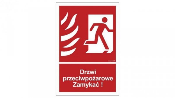ZNAK - BB014 Drzwi przeciwpożarowe Zamykać! Kierunek drogi ewakuacyjnej w prawo 40 x 59,4 cm TS - Płyta TD foto.