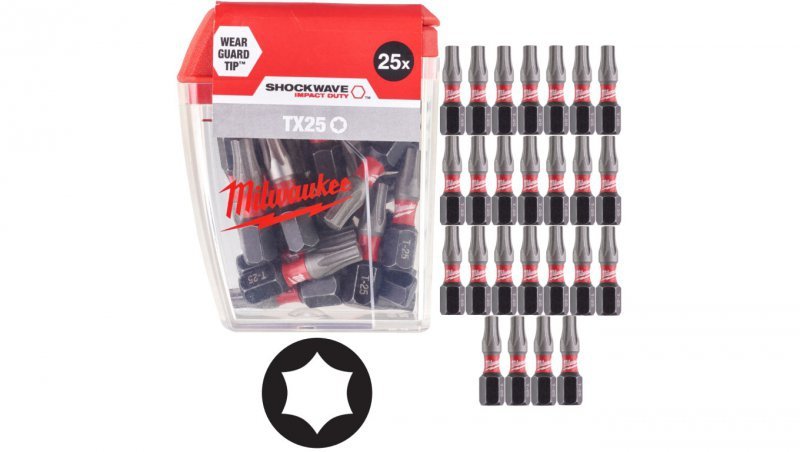 Bity udarowe do wkrętarki TORX TX25 25mm 1/4 SHOCKWAVE 25szt MILWAUKEE