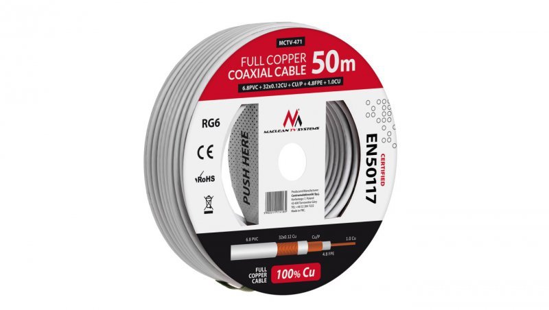 Kabel koncentryczny Maclean, Przewód antenowy satelitarny, RG6 1.02CU+4.8FPE+CU/P+32*0.12CU+6.8PVC, 50M, MCTV-471