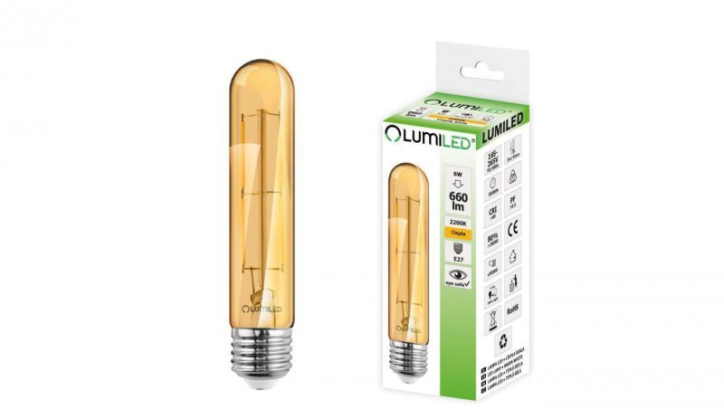 Żarówka LED E27 T30 6W = 50W 660lm 2200K Ciepła 360 Filament LUMILED