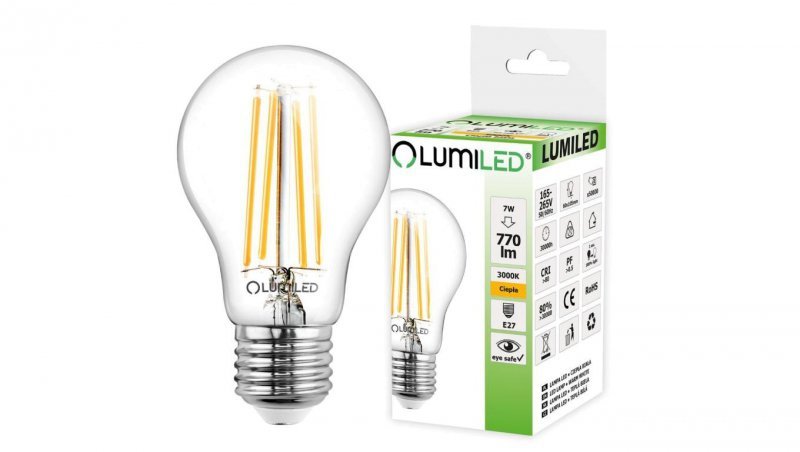 Żarówka LED E27 A60 7W = 60W 770lm 3000K Ciepła 360 Filament LUMILED