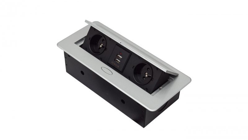 GNIAZDO CHOWANE W BLAT NABLATOWE + 2 USB GNIAZDKO srebrne GB2PL+2-SILVER