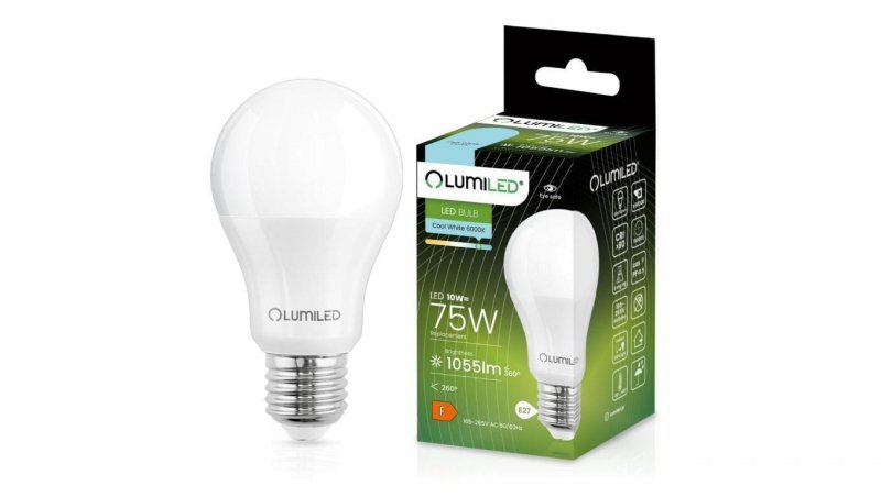 Żarówka LED E27 A60 10W = 75W 1055lm 6500K Zimna 260 LUMILED