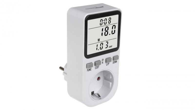 Miernik energii GreenBlue, watomierz, typ F, 220-240V AC, 50Hz, max. obciążenie 16A, IP20, wbudowana bateria, GB364 F