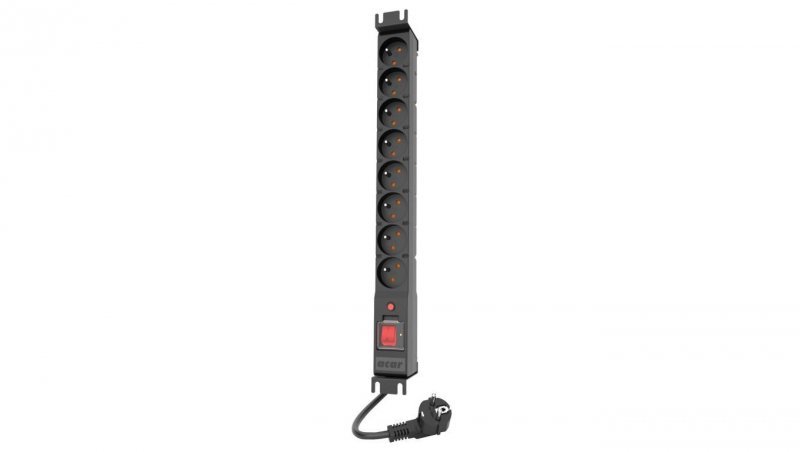 Listwa zasilająca antyprzepięciowa RACK 19 1U 8 gniazd z wyłącznikiem, bezpiecznikiem i filtrami PDU 16A ACAR czarna 1,5m
