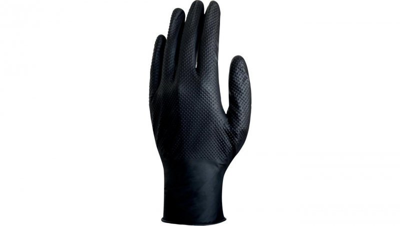 RĘKAWICE JEDNORAZOWE Z NITRYLU, NIEPUDROWANE, NITRYL O CHROPOWATEJ TEKSTURZE, OPAKOWANIE 50, CZARNE, ROZMIAR 10/11, V1600B5010