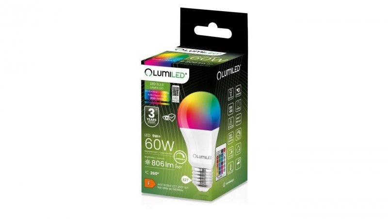 Żarówka LED E27 A60 9W = 60W 806lm 3000K + RGB Wielokolorowa 260 Ściemnialna Pilot LUMILED