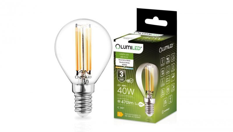 Żarówka LED E14 Kulka P45 4W = 40W 470lm 4000K Neutralna 360 FILAMENT LUMILED
