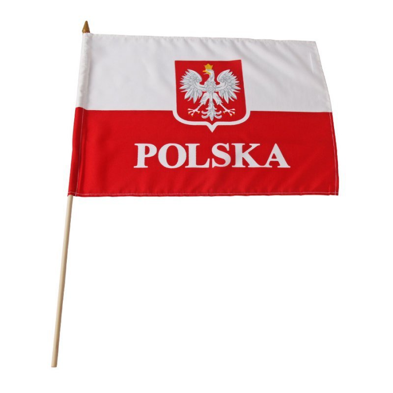 Flaga POLSKA  30x40 cm z uchwytem drewnianym z godlem 30x40 