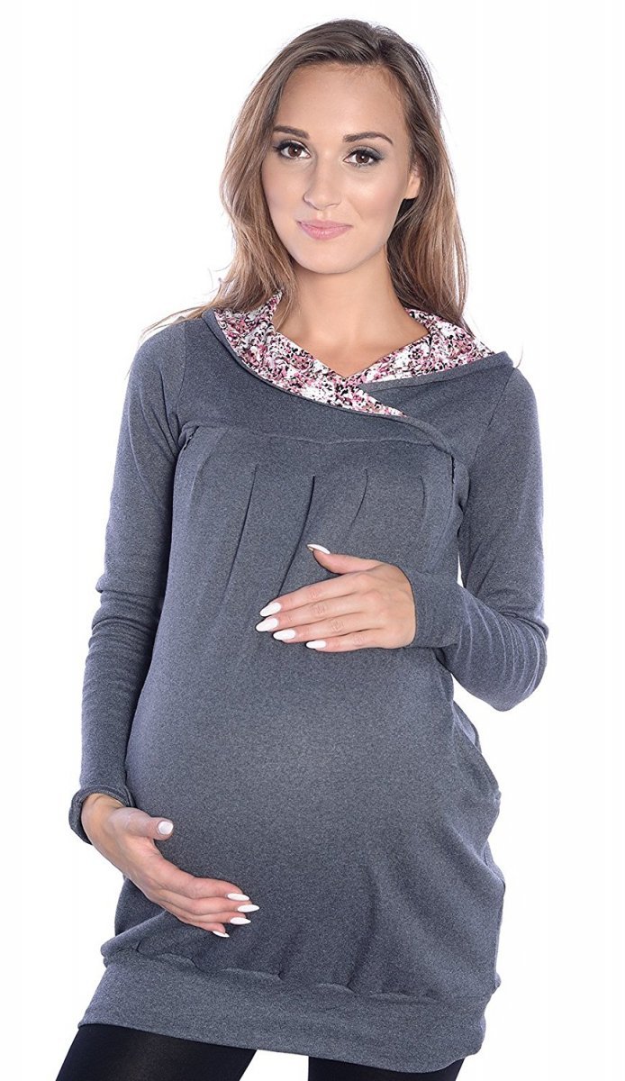 MijaCulture – 2 in 1 Maternity &amp; Nursing breastfeeding warm Hoodie Top Pullover Mimi 7102A  Dark Grey