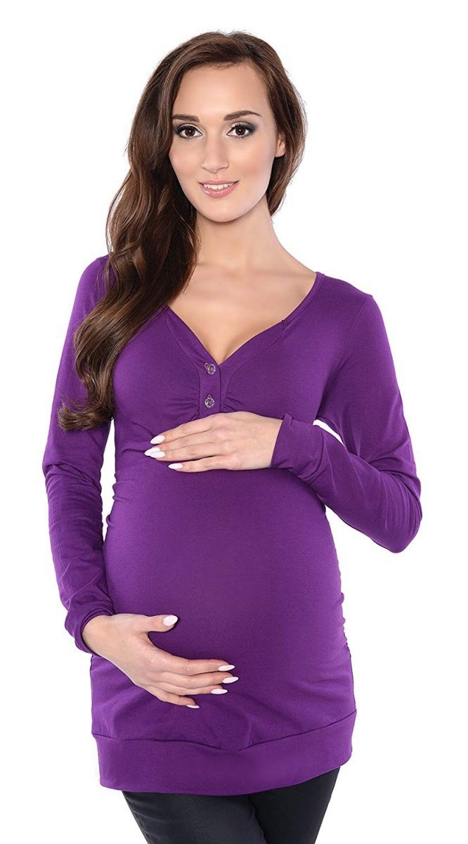 MijaCulture – 2 in 1 Maternity &amp; Nursing Comfortable Long Sleeve Shirt Blouse 3079/M08 Purple