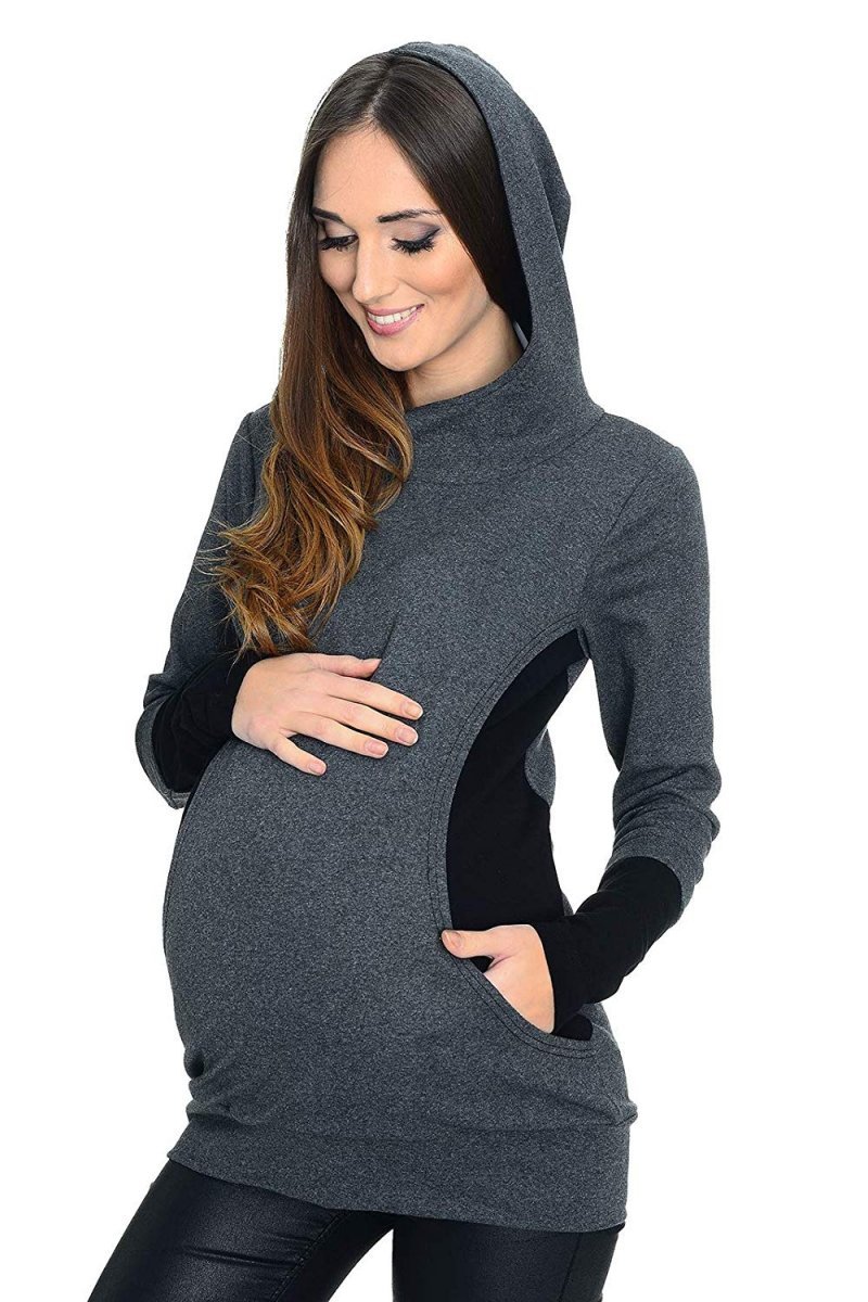 MijaCulture – 2 in 1 Maternity &amp; Nursing breastfeeding warm Hoodie Top Pullover 3078A/M06 Graphite / Black