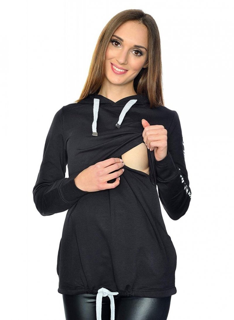 MijaCulture Casual 3 in1 Maternity and Nursing Pullover Sweatshirt with Print 4110 Black / Limited Edition / Sleeve