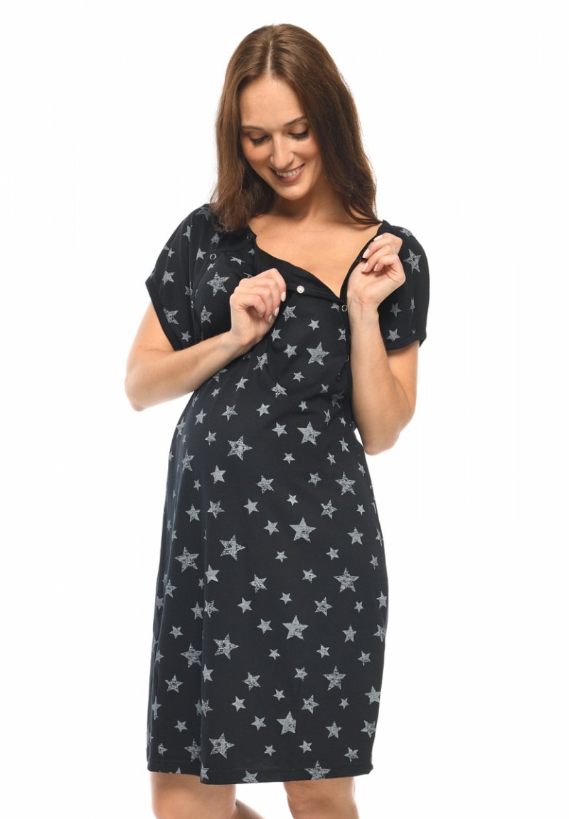 MijaCulture - labour maternity breastfeeding nightdress 4123 M80 Black / Stars