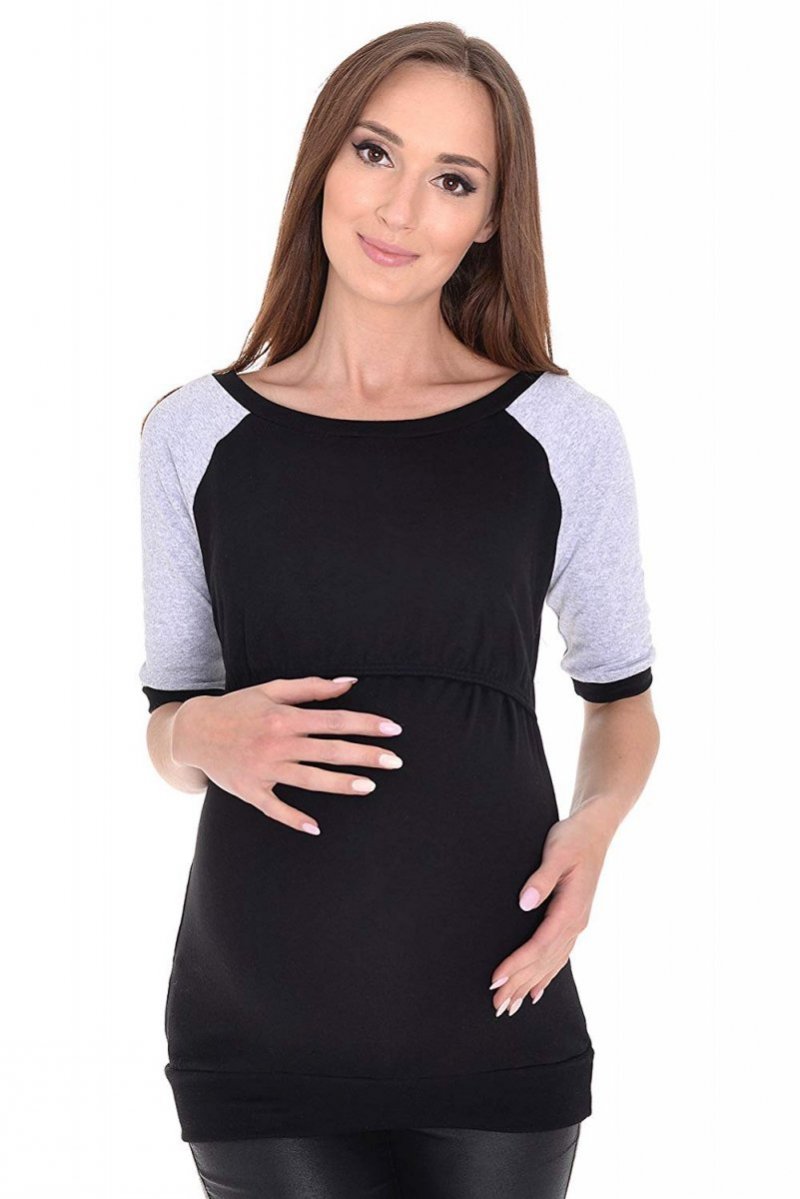 MijaCulture 2 in1 3/4 Maternity and Nursing Shirt Baseball T-Shirt 7141  Black / Grey