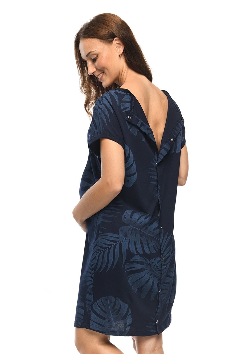 MijaCulture - labour maternity breastfeeding nightdress 4123 M80 Navy/ Palm trees