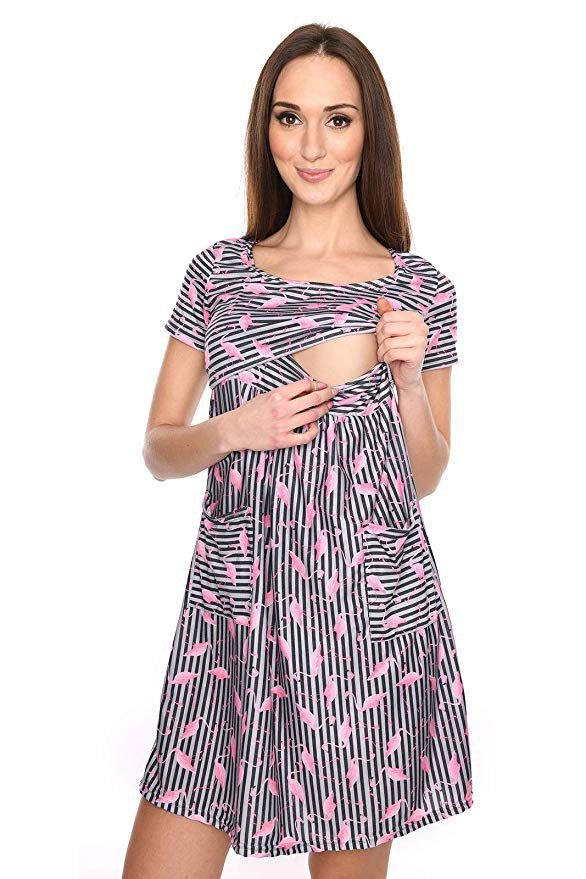 MijaCulture 2 in1 Casual Maternity Pregnancy Dress for Nursing Lulu 7147 Grey / Pink