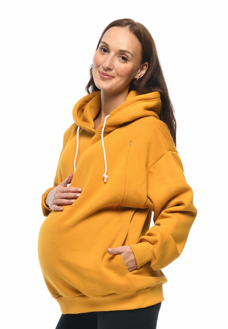 MijaCulture - 3 w 1 ciepła bluza ciążowa i do karmienia z kapturem „Naomi” M016 musztarda