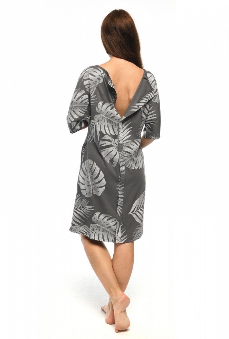 MijaCulture - koszula do porodu 4128  grafit/palmy