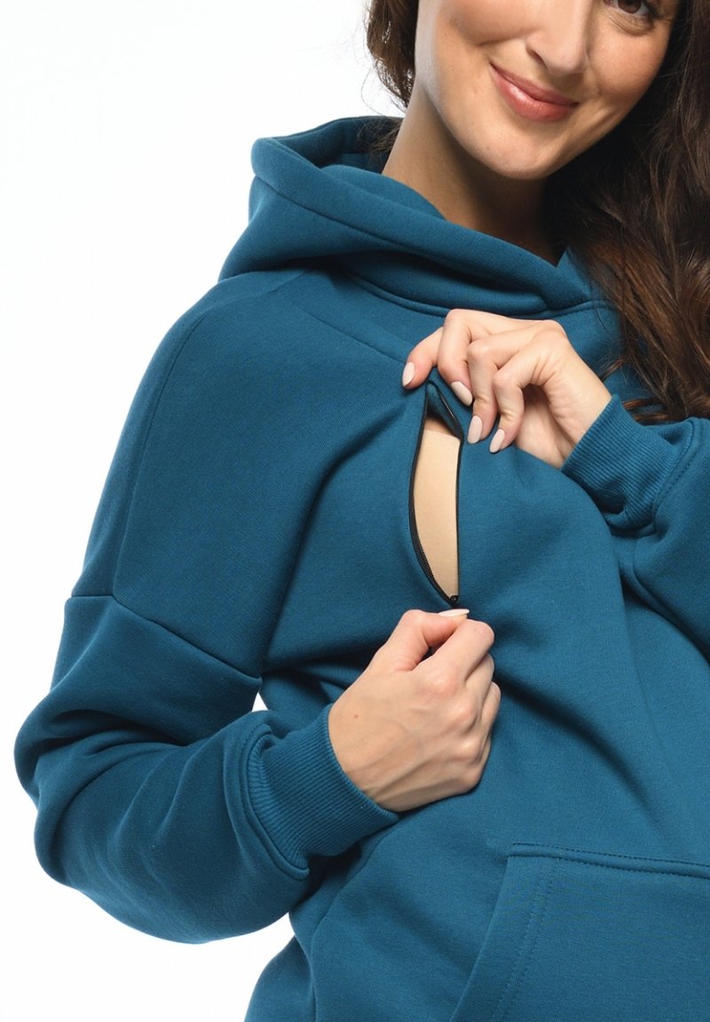 MijaCulture - 3 w 1 ciepła bluza ciążowa i do karmienia z kapturem „Molly ” M001 Petrol