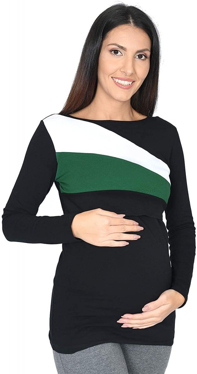 Praktyczna bluza ciążowa i do karmienia Paski 9088 czarna/biały/zielony1