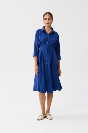 Stylove S351 Sukienka szmizjerka z zakładkami w talii - chabrowa