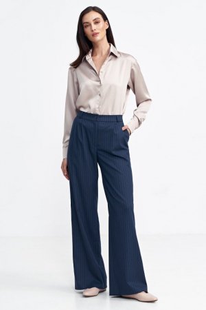 Nife Spodnie z zakładkami, wide leg, prążek - granat - SD105