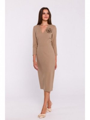 Stylove S372 Sukienka midi z kwiatkiem - beżowa