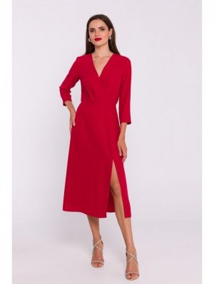 Stylove S385 Rozkloszowana sukienka z kopertowym dekoltem - czerwona