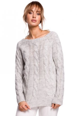 Moe M511 Sweter z warkoczowym splotem i dekoltem w łódke - szary