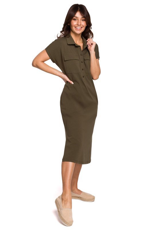 BeWear B222 Sukienka safari z kołnierzykiem - khaki