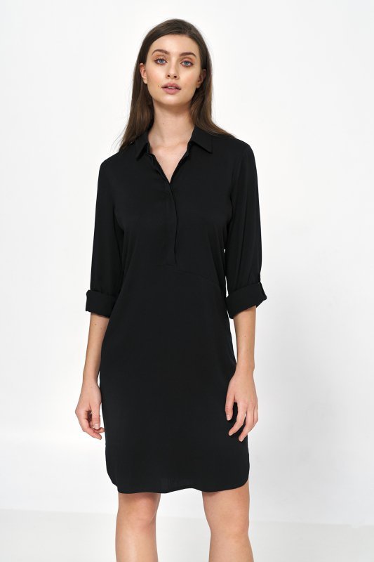 Nife Czarna sukienka oversize z podwijanym rękawem - S226