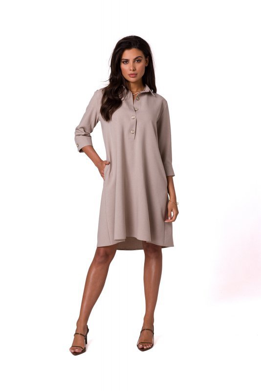 BeWear B257 Sukienka koszulowa z poszerzonym dołem - beżowa