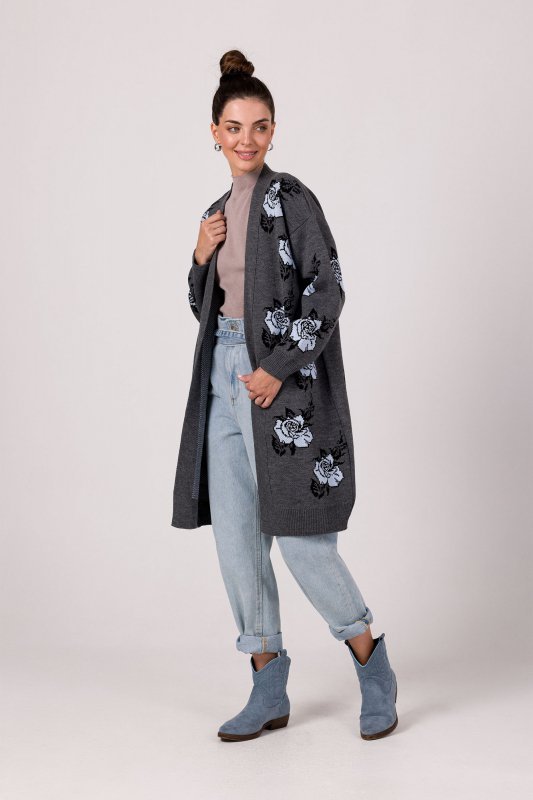 Be Knit BK102 Długi kardigan w róże - grafitowy
