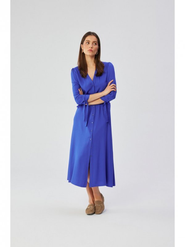 Stylove S365 Sukienka midi z wiązanymi mankietami - niebieska
