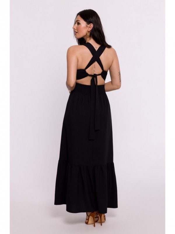BeWear B281 Sukienka z gumowanym paskiem i wiązaniem na plecach - czarna