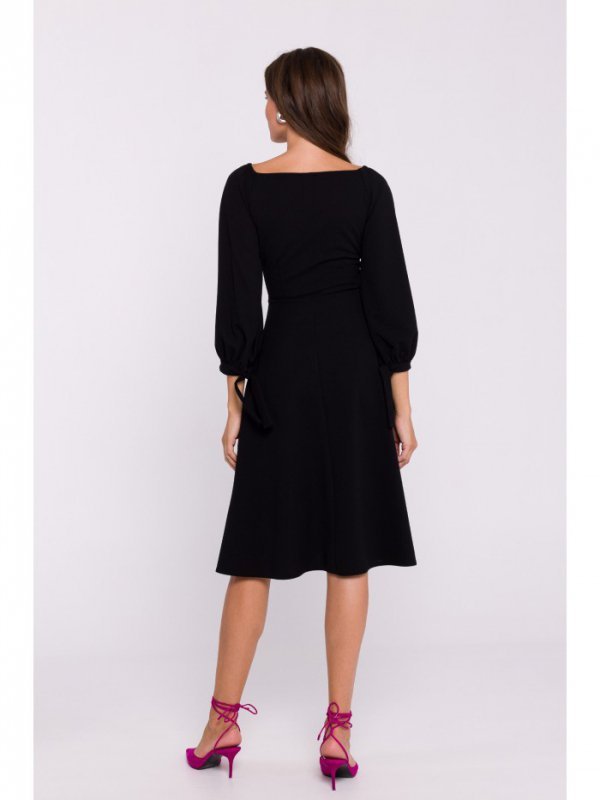 Stylove S383 Sukienka rozkloszowana z wiązanymi rękawami - czarna