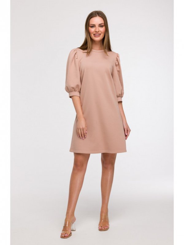 BeWear B291 Sukienka z bufiastymi rękawami - mokka