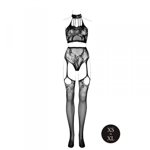 Le Désir Two Piece with Halter Turtleneck and Pantie with Attached Stockings - - Black