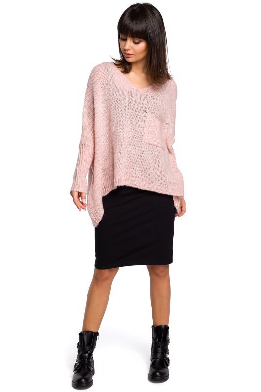 Be Knit BK018 Luźny sweter z kieszenią - różowy