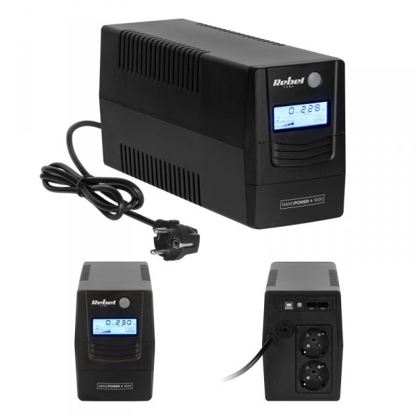 Zasilacz awaryjny komputerowy UPS REBEL model Nanopower Plus 1000 ( offline, 1000VA / 600W , 230 V , 50Hz , LCD , USB , RJ45 )