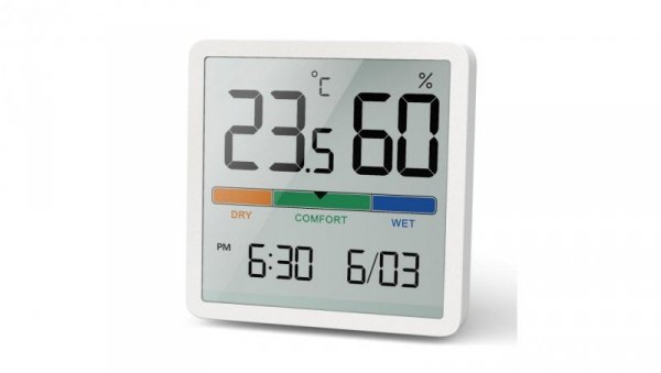 Termometr/higrometr z funkcją zegara i daty, GreenBlue, bateria CR2032, zakres temp. -9.9 st. C do +60 st. C.,GB380