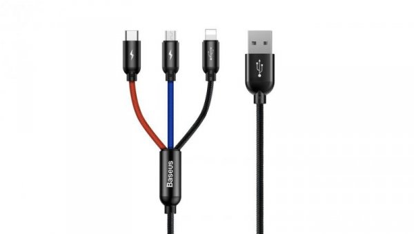 Kabel Baseus Three Primary Colors 3w1 USB-A - micro USB / Lightning / USB-C 3.5A 0,3 m - czarny