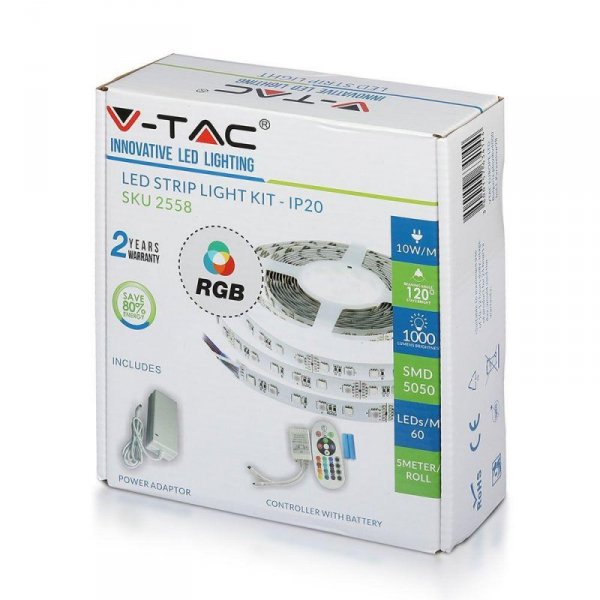 Taśma LED V-TAC Zestaw Taśma Zasilacz Pilot Sterownik VT-5050 60 IP20-RGB RGB 1000lm