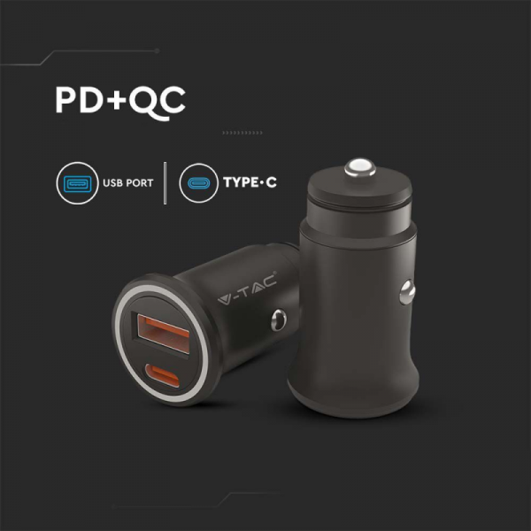 Samochodowa Ładowarka do zapalniczki V-TAC USB 12-24V 18W + USB-C 20W VT-5318