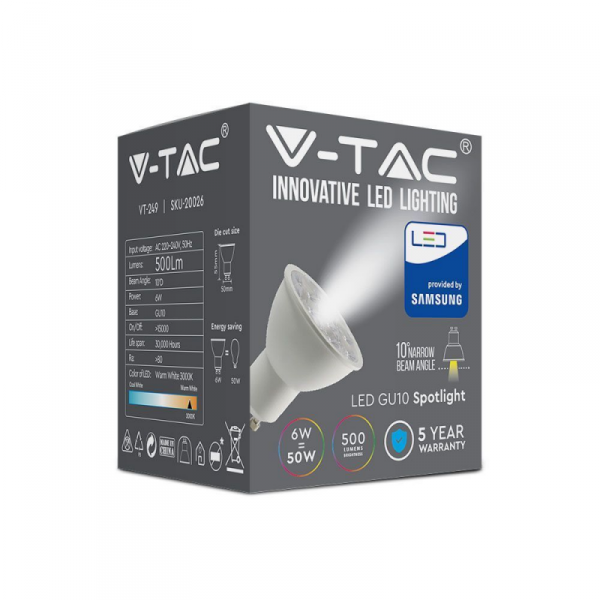 Żarówka LED V-TAC SAMSUNG CHIP GU10 6W 10st VT-249 6400K 500lm 5 Lat Gwarancji